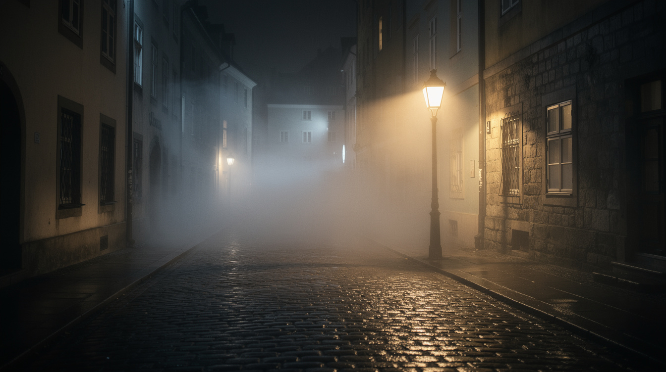 Foggy cobblestone street in an old European town at night with a single lit lamp