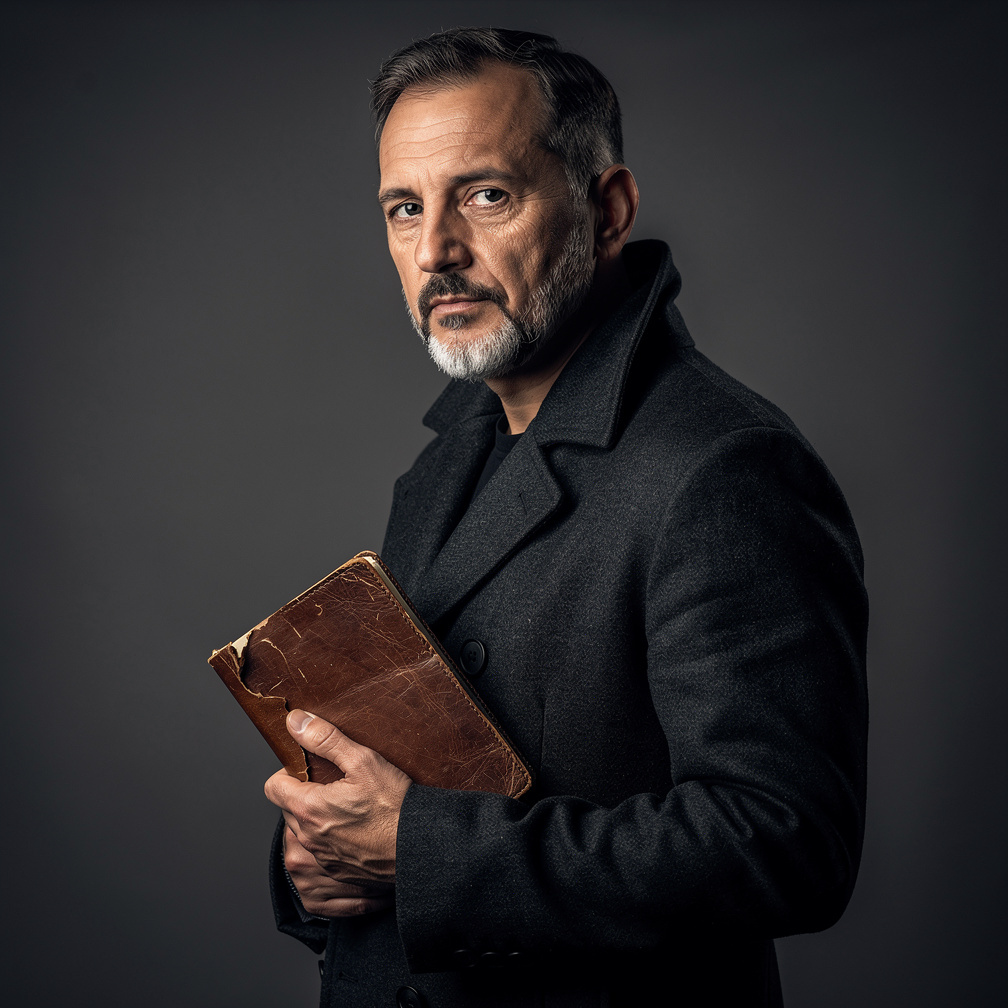 Croatian mystery novelist portrait in a dark coat holding an old notebook